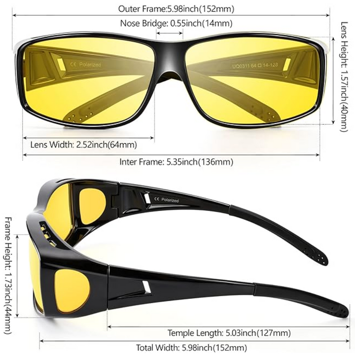 Polariseret natkørebrille, gule glas, sidebillede; reducerer blænding, ideelle til sikker natkørsel.