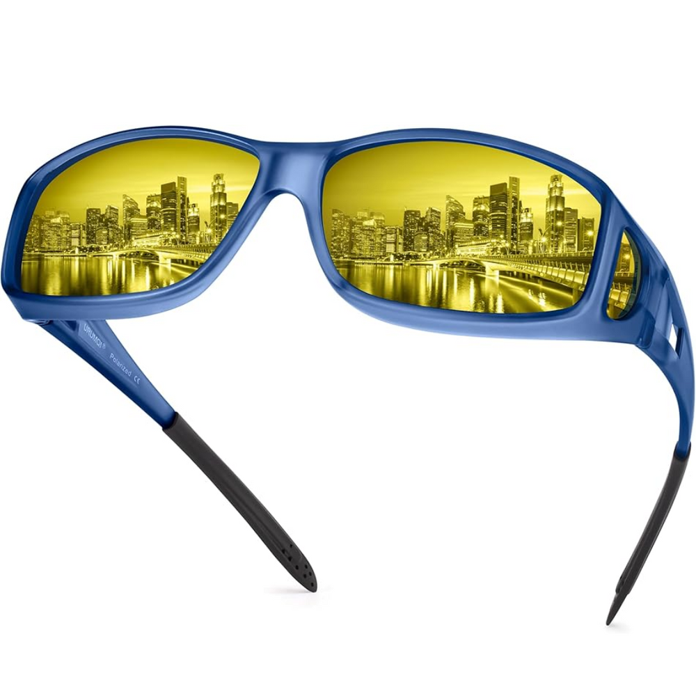 Polariseret natkørebrille, gule glas, sidebillede; reducerer blænding, ideelle til sikker natkørsel.