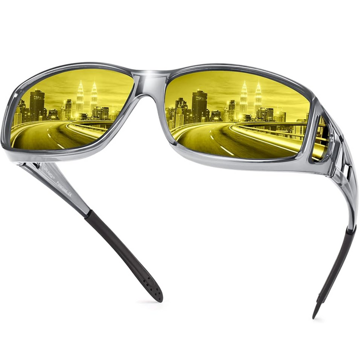 Polariseret natkørebrille, gule glas, sidebillede; reducerer blænding, ideelle til sikker natkørsel.