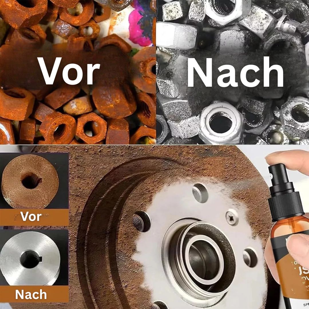 Hånd holder PowerRust rustfjernerflaske, klar til at tackle genstridig rust på værktøj og metal.