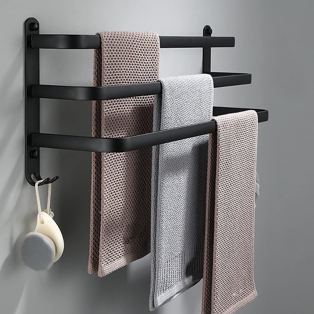 Praktisk aluminium håndklædestang med kroge til badeværelset, væghængt uden boring, moderne design.