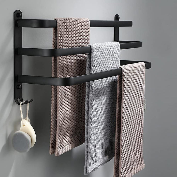 Praktisk aluminium håndklædestang med kroge til badeværelset, væghængt uden boring, moderne design.