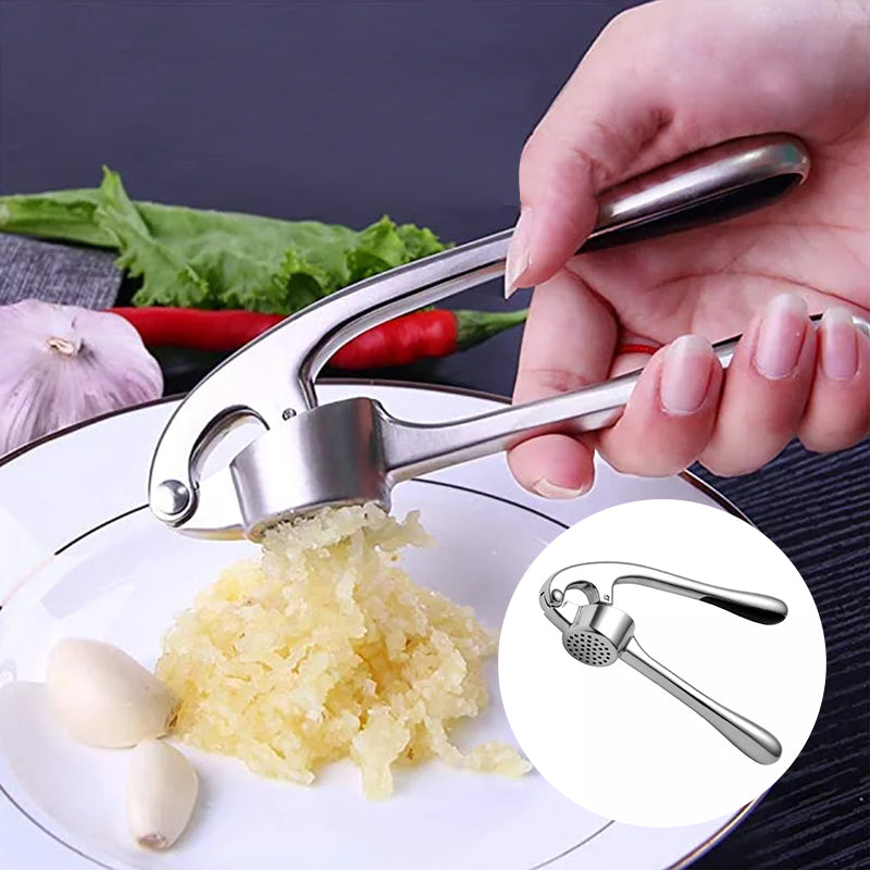 Premium hvidløgspresser i rustfrit stål, robust, ergonomisk, ubesværet hvidløgsknusning, ideel køkkenhjælp.
