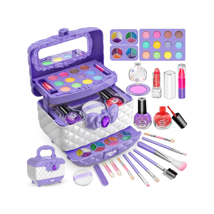 Prinsesse makeupsæt til børn, farverigt med læbestift, øjenskygge og pensel; fremmer kreativ leg.