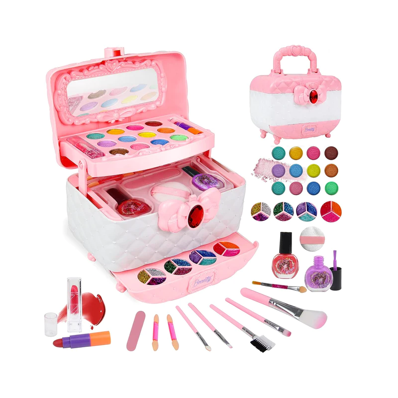 Prinsesse makeupsæt til børn, farverigt med læbestift, øjenskygge og pensel; fremmer kreativ leg.