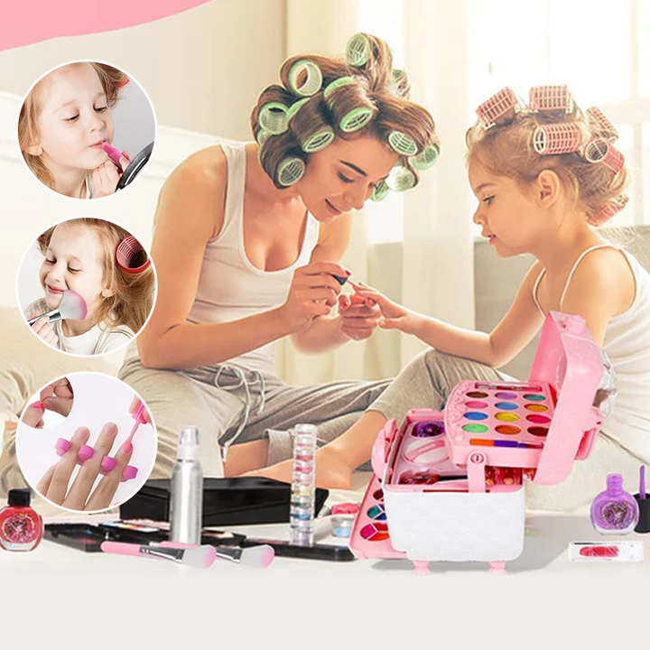 Prinsesse makeupsæt til børn, farverigt med læbestift, øjenskygge og pensel; fremmer kreativ leg.