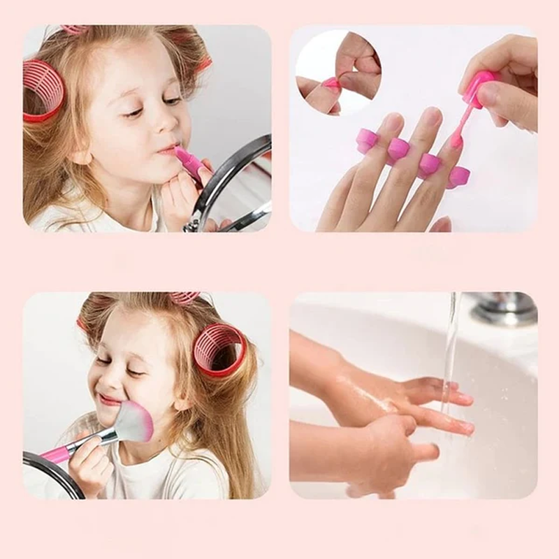 Prinsesse makeupsæt til børn, farverigt med læbestift, øjenskygge og pensel; fremmer kreativ leg.