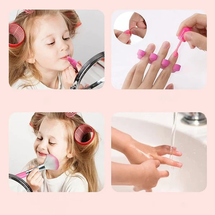 Prinsesse makeupsæt til børn, farverigt med læbestift, øjenskygge og pensel; fremmer kreativ leg.
