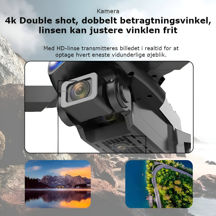 Moderne 4K drone med dobbelt kamera og slankt design til avanceret luftfotografering.