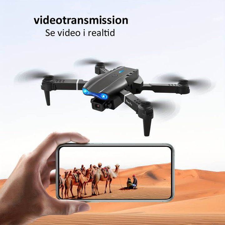 Professionel fotodrone med lang flyvetid og stabilt dobbelt 4K kamera til udendørs brug.