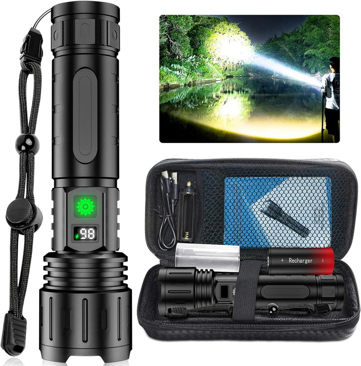 Professionel lommelygte med 100.000 lumen UltraBeam, genopladelig og indbygget powerbank til udendørs brug.