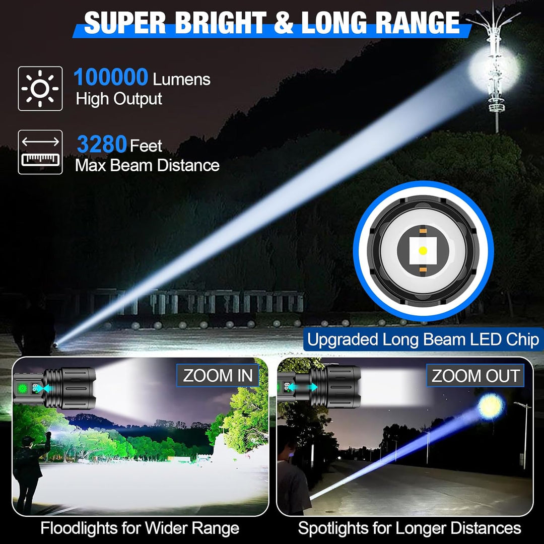 UltraBeam 100.000 lumen professionel lommelygte med powerbank funktion, ideel som nødlys og opladning.