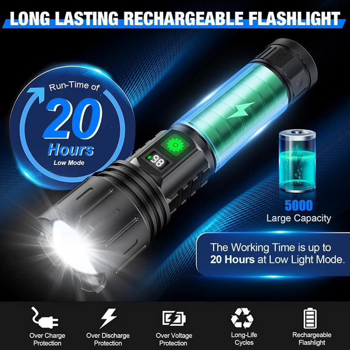 Professionel genopladelig LED lommelygte med 100.000 lumen UltraBeam og integreret powerbank. IPX6.