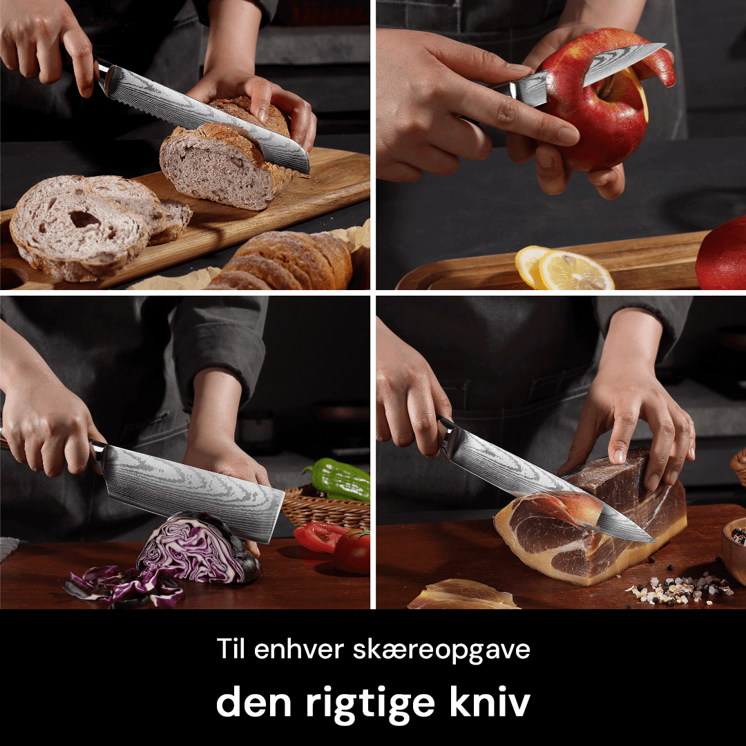 Knivsæt med kokkekniv, santokukniv, brødkniv. Skarpe klinger og ergonomiske Pakkaholz håndtag.