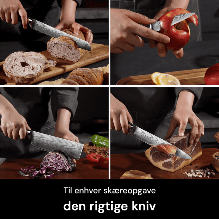 Knivsæt med kokkekniv, santokukniv, brødkniv. Skarpe klinger og ergonomiske Pakkaholz håndtag.