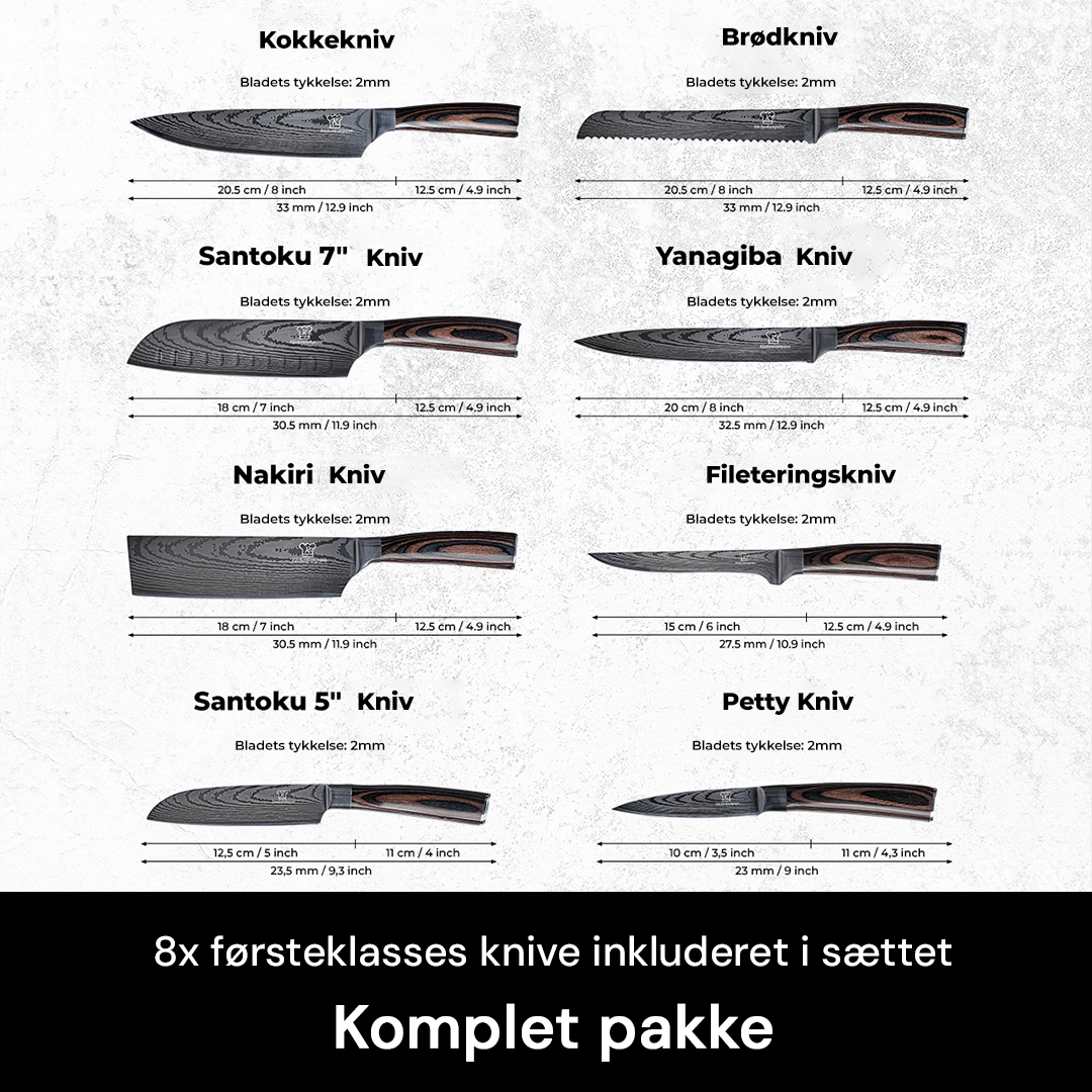 Skarp professionel kokkekniv i rustfrit stål med flot Pakkaholz håndtag. Ideel til madlavning.