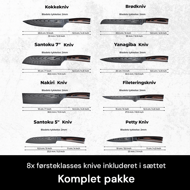 Skarp professionel kokkekniv i rustfrit stål med flot Pakkaholz håndtag. Ideel til madlavning.