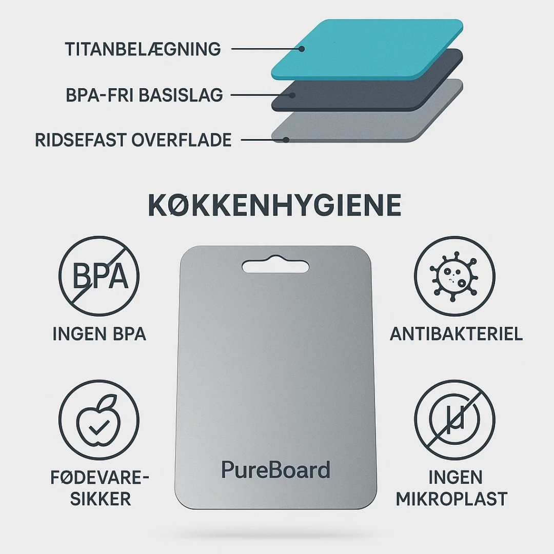PureBoard titanium skærebræt for sikker og hygiejnisk madlavning. Ultralight og let at rengøre.