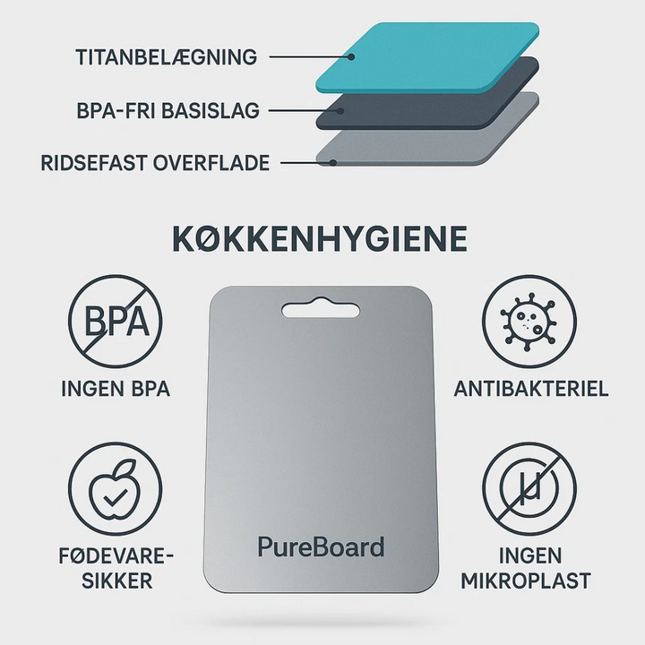 PureBoard titanium skærebræt for sikker og hygiejnisk madlavning. Ultralight og let at rengøre.