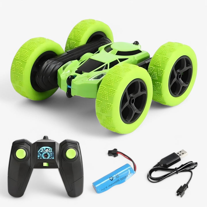 RC-stuntkøretøj med 360° rotation og flip-funktion, terrængående, ideel til børn, i blå med robuste gummidæk