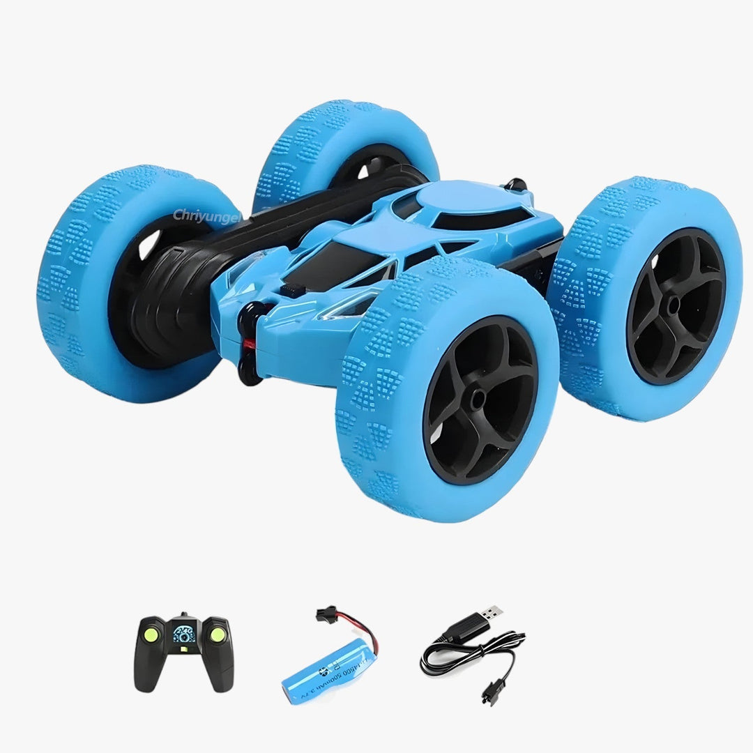 RC-stuntkøretøj med 360° rotation og flip-funktion, terrængående, ideel til børn, i blå med robuste gummidæk