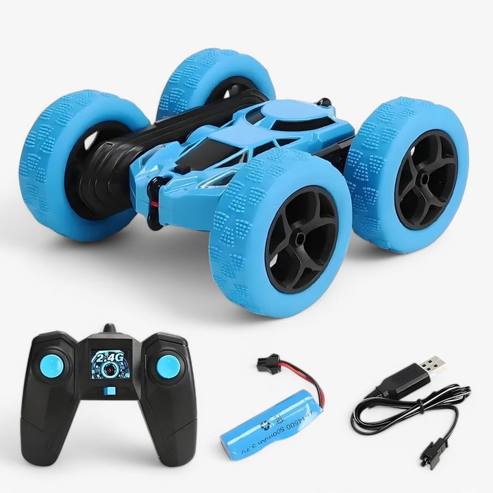 RC-stuntkøretøj med 360° rotation og flip-funktion, terrængående, ideel til børn, i blå med robuste gummidæk