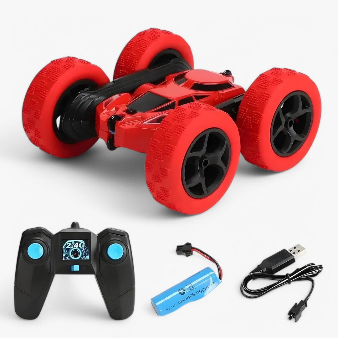 RC-stuntkøretøj med 360° rotation og flip-funktion, terrængående, ideel til børn, i blå med robuste gummidæk