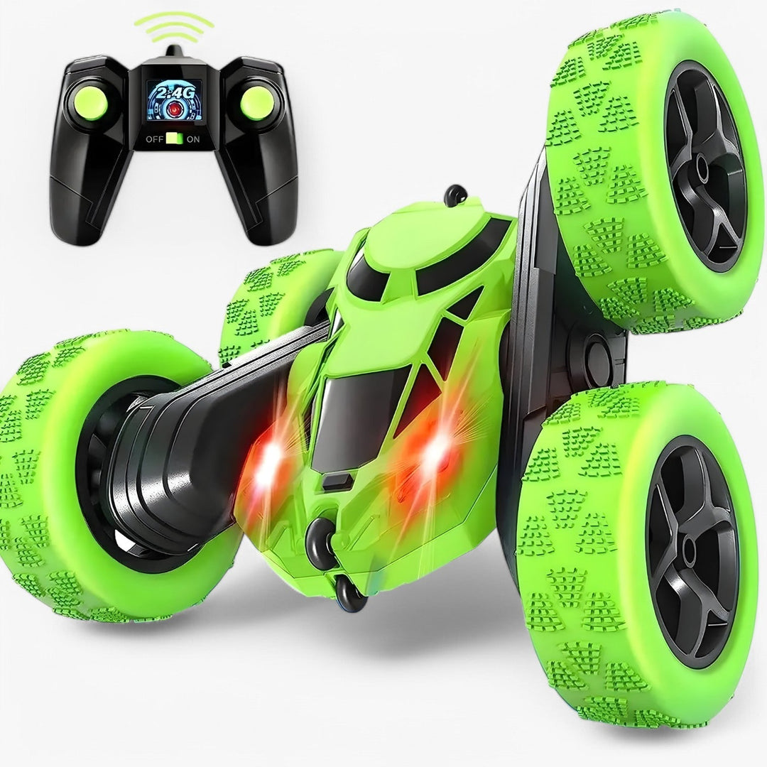 RC-stuntkøretøj med 360° rotation og flip-funktion, terrængående, ideel til børn, i blå med robuste gummidæk