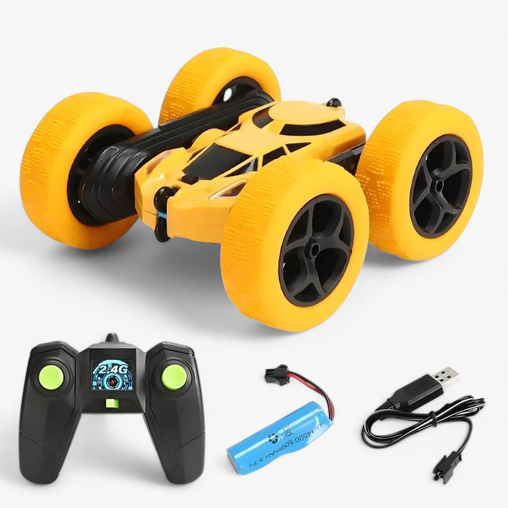 RC-stuntkøretøj med 360° rotation og flip-funktion, terrængående, ideel til børn, i blå med robuste gummidæk