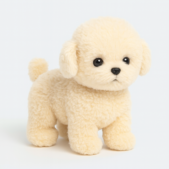 Blød og tryg interaktiv bamsehund, en realistisk plys hvalp ideel som sovekammerat og sensorisk legetøj.