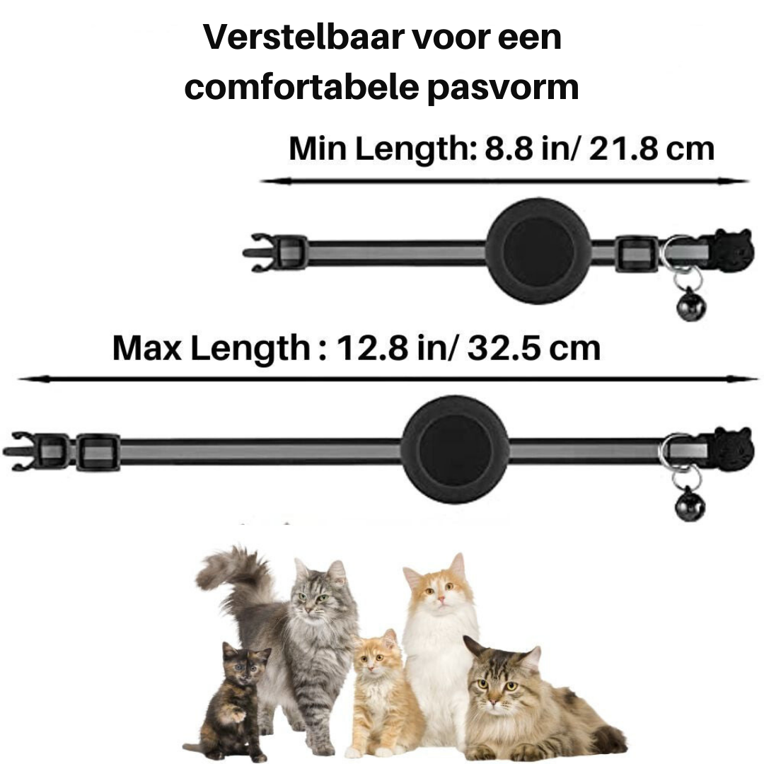 Reflekterende kattehalsbånd med sikkerhedslås og GPS-holder, for øget synlighed og beskyttelse.