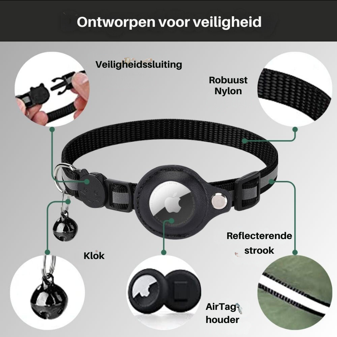 Reflekterende kattehalsbånd med sikkerhedslås og GPS-holder, for øget synlighed og beskyttelse.