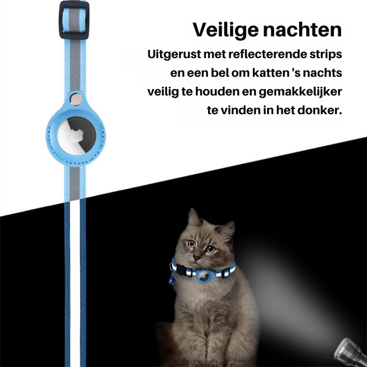 Reflekterende kattehalsbånd med sikkerhedslås og GPS-holder, for øget synlighed og beskyttelse.