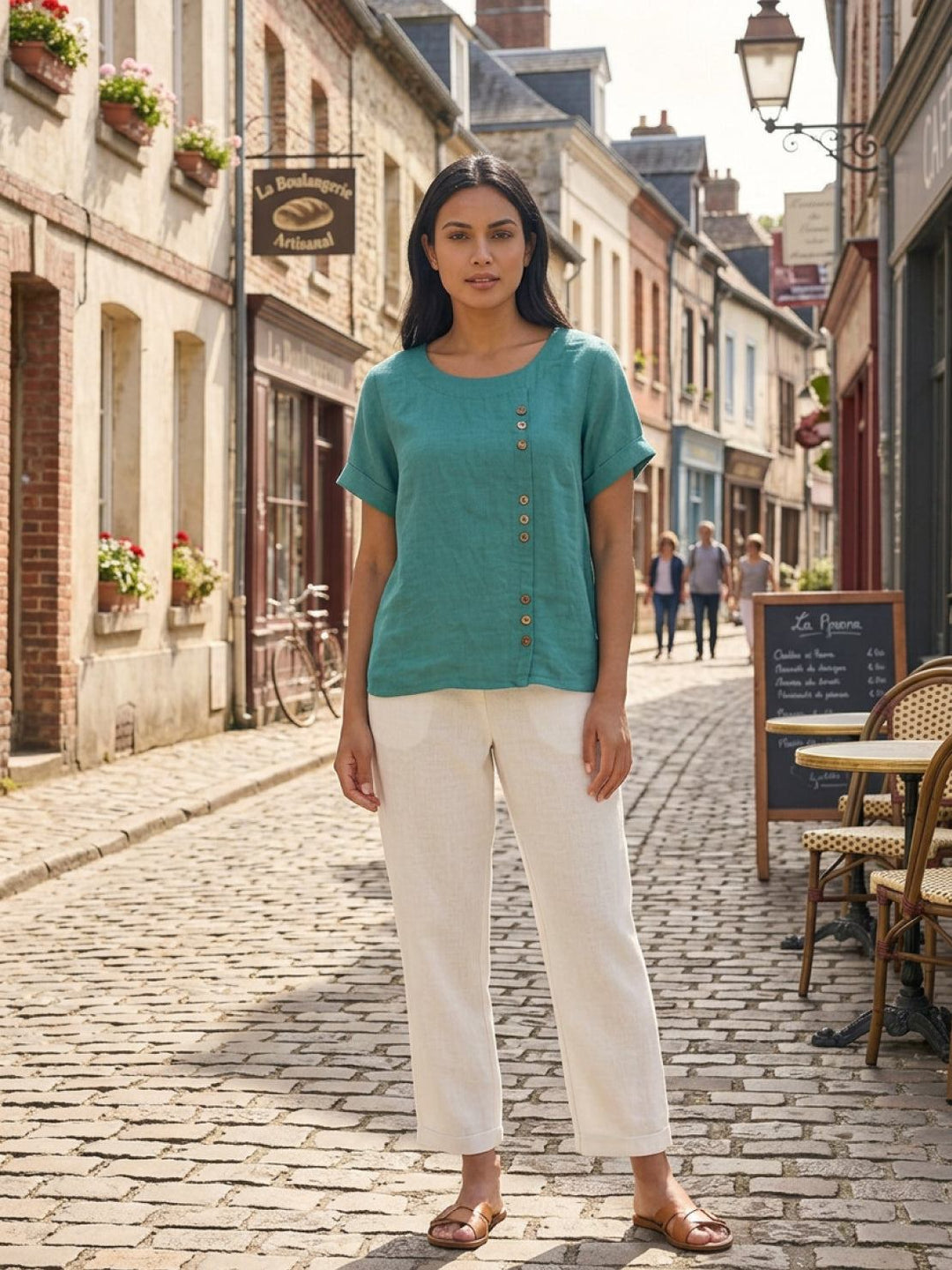 Damebluse med rund hals, knapper og løs pasform, der kombinerer stil og komfort.