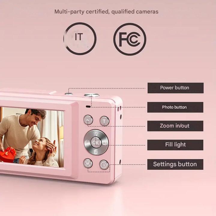 Retro digitalkamera i sort farve med nostalgisk design.