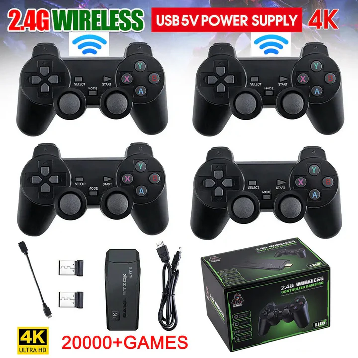 Retro gaming konsol HDMI stick med 20.000+ spil, 4K opløsning og trådløs multiplayer. Perfekt til venner og familie.
