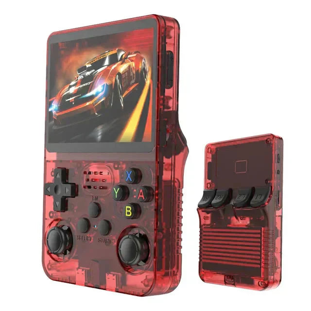 Retro spilkonsol viser et klassisk spil på HD skærm. Bærbar gaming med 20.000 spil; unisex underholdning.