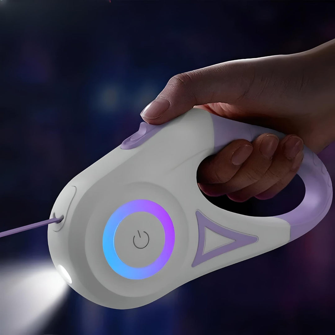 Sikker LED hundesnor (5M) med robust automatisk indtræk. Perfekt til aftenture med øget synlighed.
