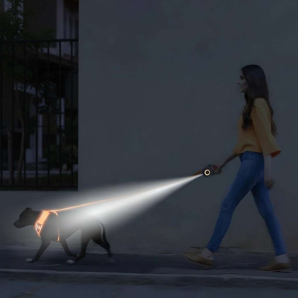 Automatisk 5M hundesnor i robust design med integreret LED-lys for optimal sikkerhed og kontrol.