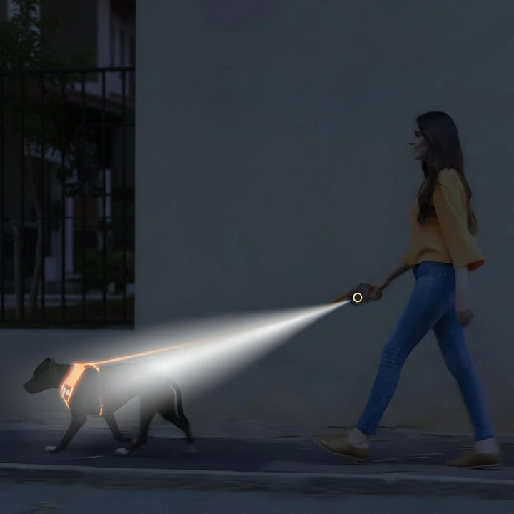 Automatisk 5M hundesnor i robust design med integreret LED-lys for optimal sikkerhed og kontrol.