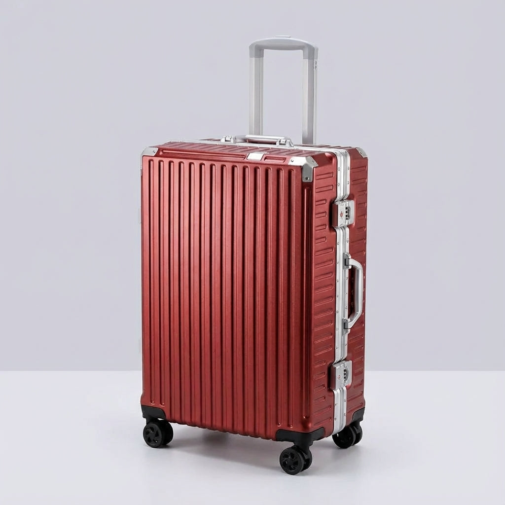 Kvalitetsrejsekuffert i aluminium, både håndbagage og indchecket, med TSA-lås og 360° hjul.
