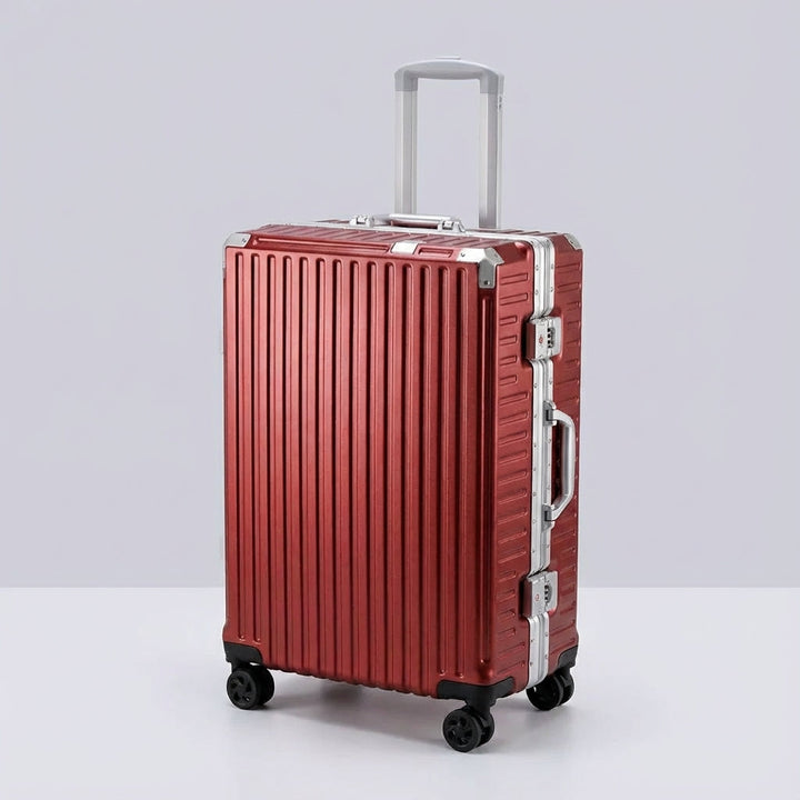 Kvalitetsrejsekuffert i aluminium, både håndbagage og indchecket, med TSA-lås og 360° hjul.