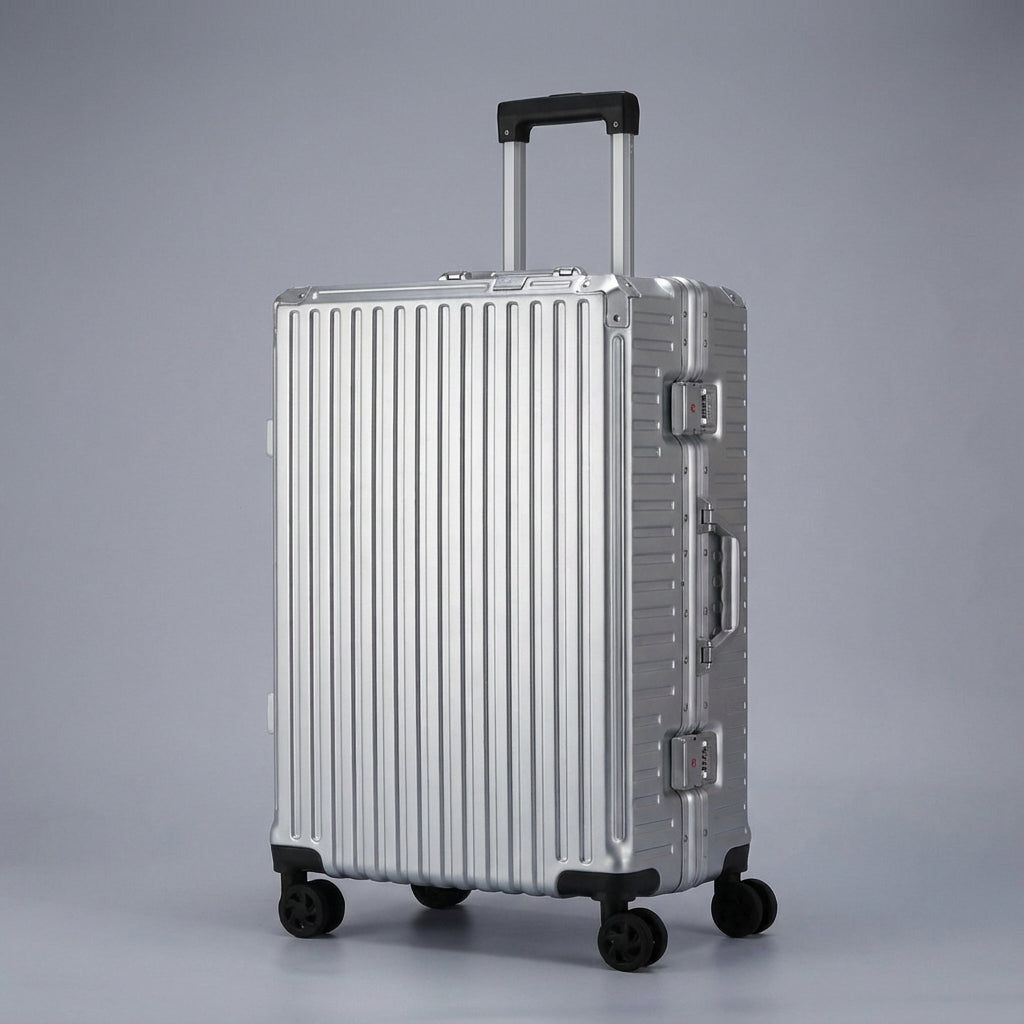 Mellem indchecket bagage aluminiumskuffert, holdbar rejsetaske med 360° hjul, perfekt til ferie.