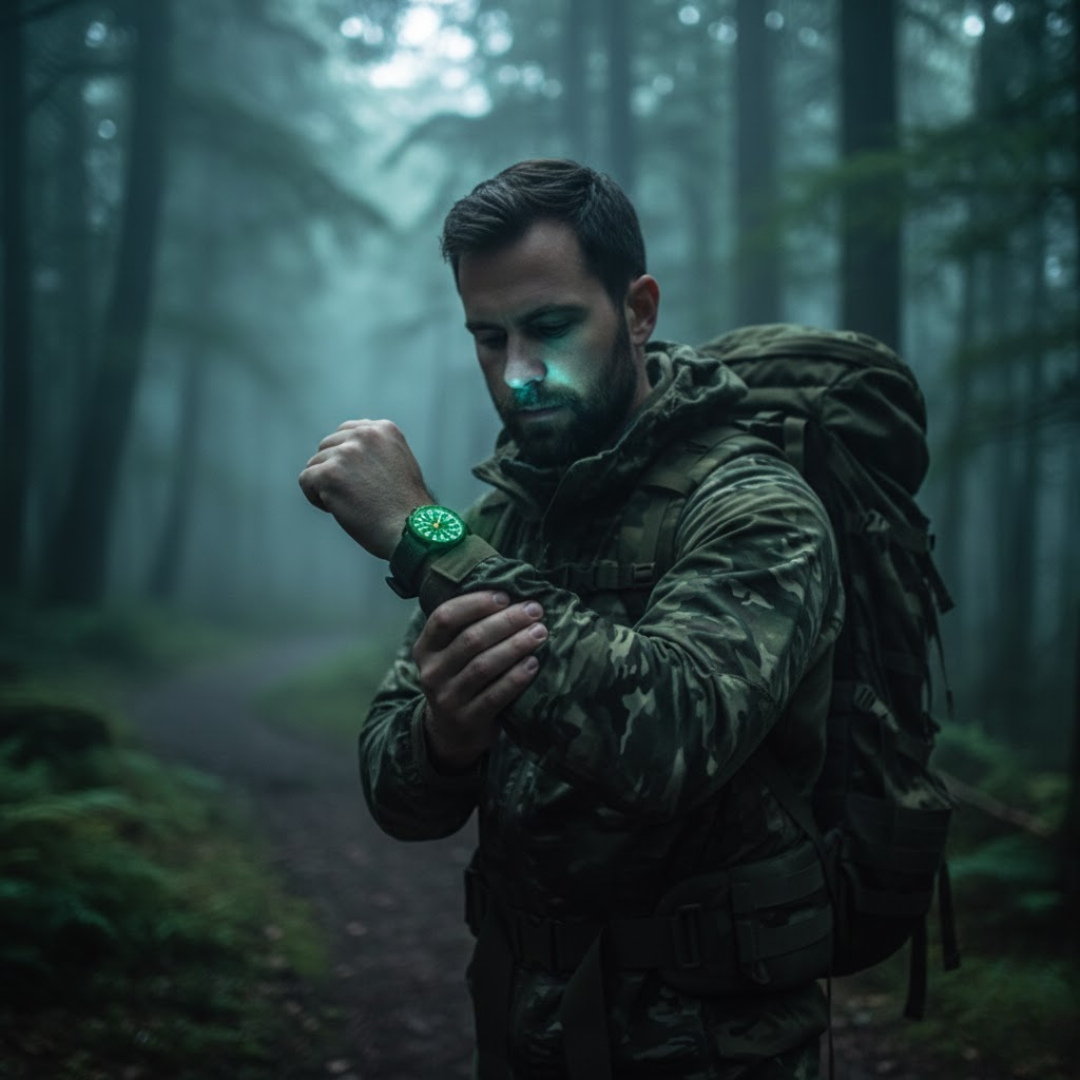 Unisex outdoor ur, robust design med lysende urskive, ideelt til både dag og nat på eventyr.