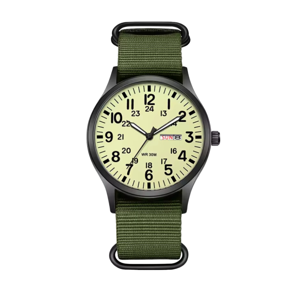 Elegant, men robust militærur, unisex design med lysende funktion; den perfekte gave til eventyreren.