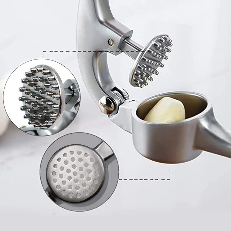 Robust hvidløgspresser i rustfrit stål med ergonomisk håndtag, stort kammer, ideel til køkkenet, nem at rengøre.
