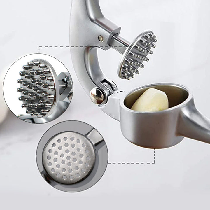 Robust hvidløgspresser i rustfrit stål med ergonomisk håndtag, stort kammer, ideel til køkkenet, nem at rengøre.