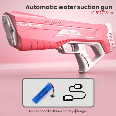 Robust vandpistol med kraftig stråle, stor tank og USB-batteri, ideel til sommerens vandkampe, blå/rosa.