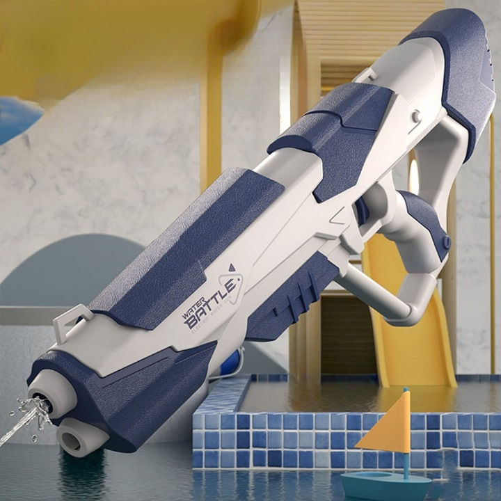 Robust vandpistol med kraftig stråle, stor tank og USB-batteri, ideel til sommerens vandkampe, blå/rosa.