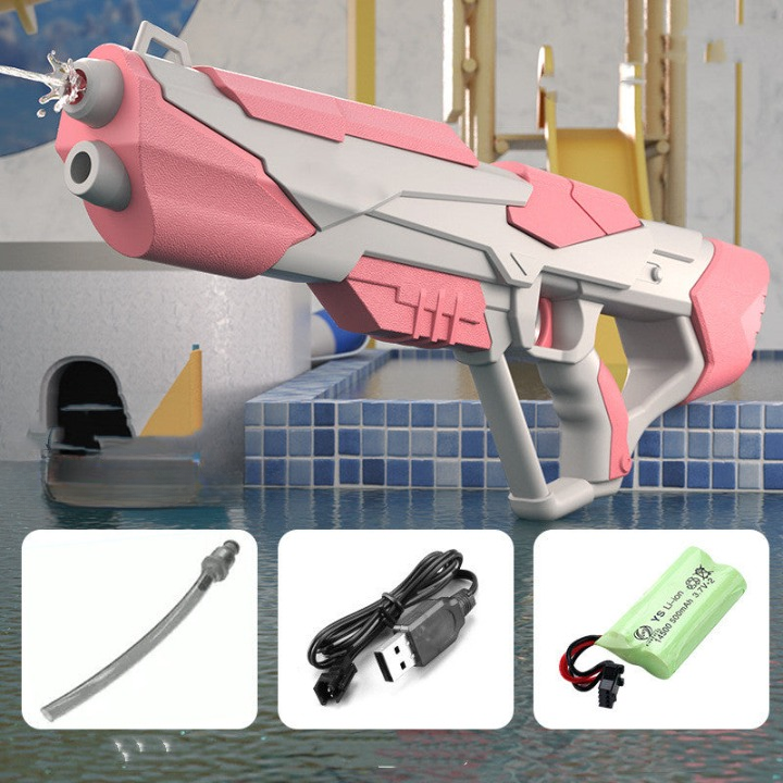 Robust vandpistol med kraftig stråle, stor tank og USB-batteri, ideel til sommerens vandkampe, blå/rosa.